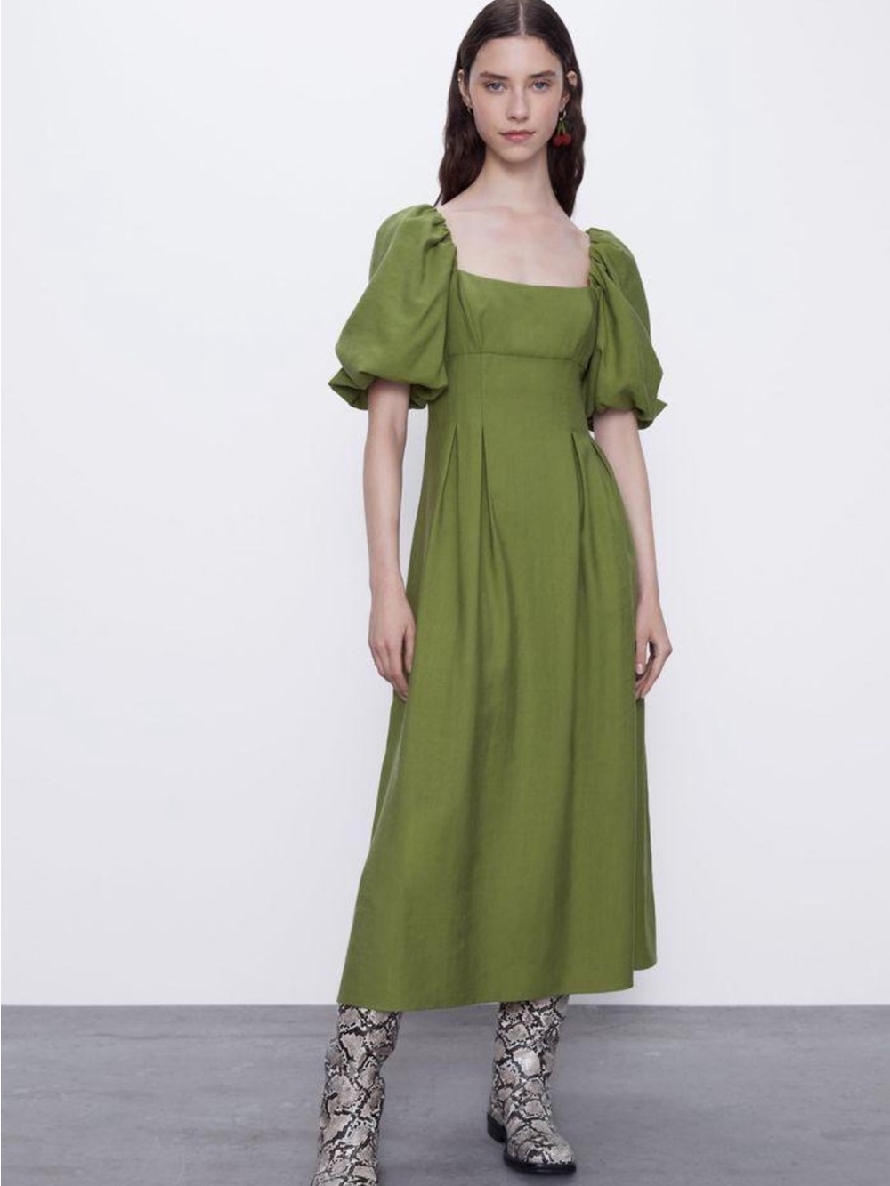 ZARA MIDI PUFF SLEEVE DRESS WIDE NECK APPLE GREEN Large